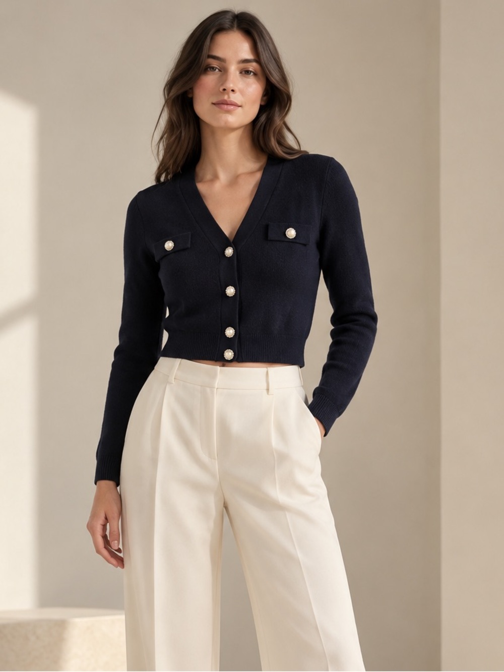 PHILOSOPHY Republic Clothing Navy Pearl Button Cropped Cardigan XS
